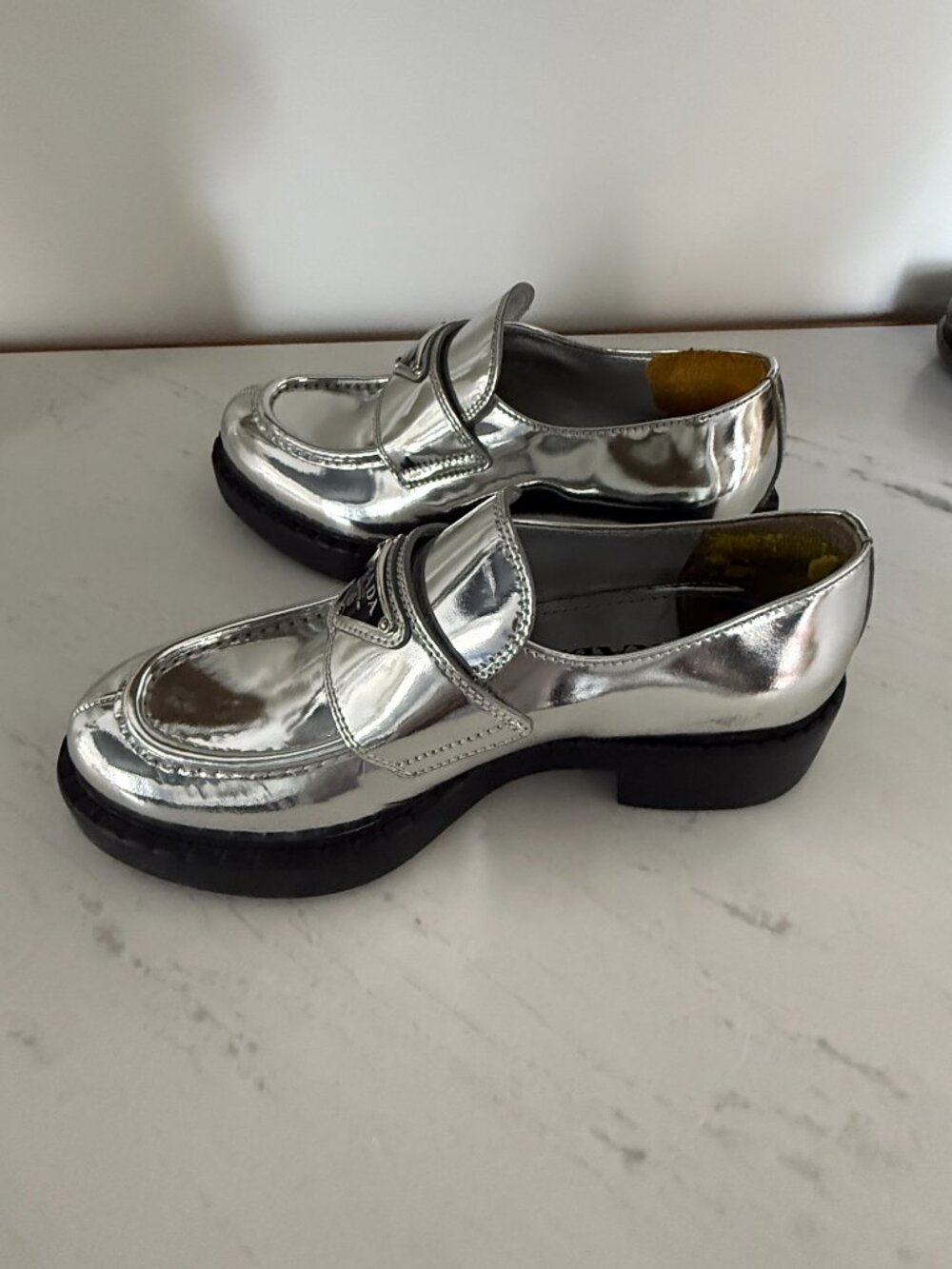 Prada Silver / Argento Triangle Logo Metallic Loafers (Size 36) - Picture 2 of 7